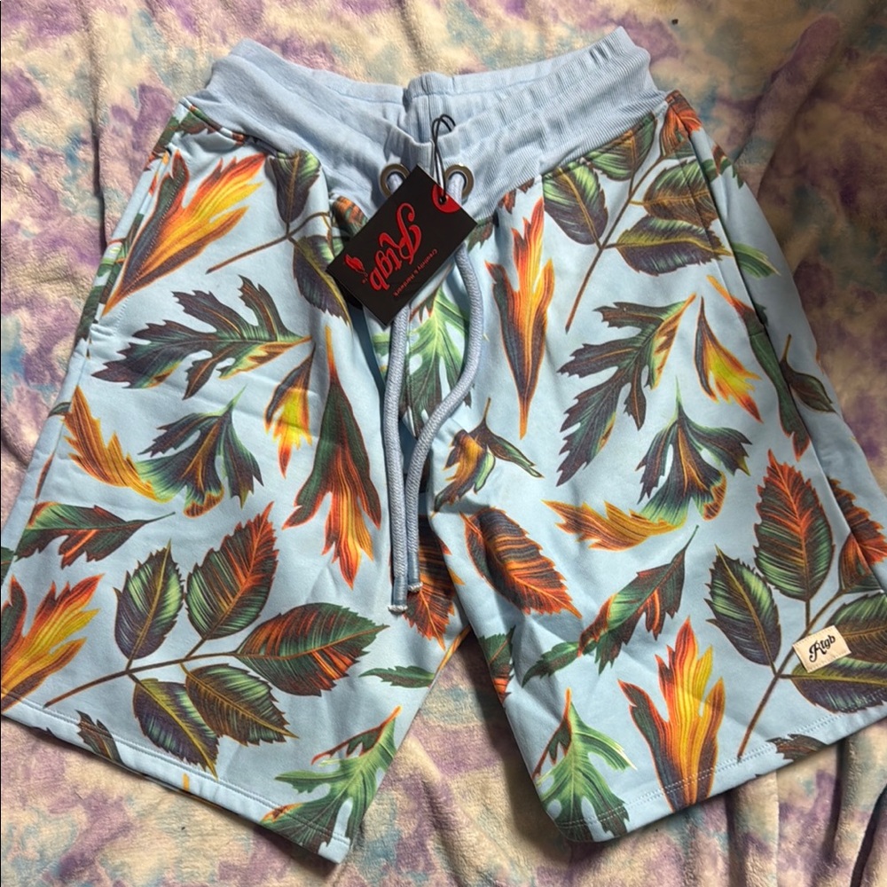 Vibrant Blue and Green Flat Front Tropical Shorts